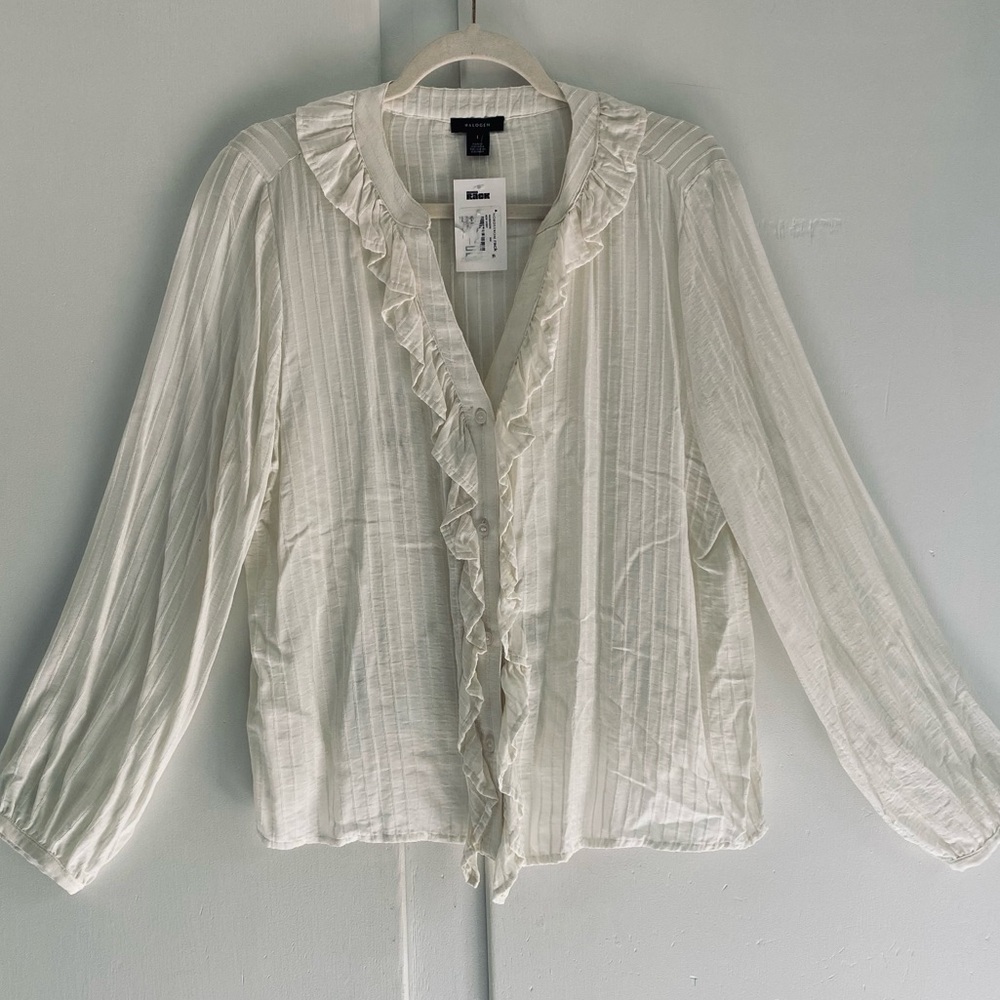 Halogen Cream Exaggerated Ruffle Front V-Neck Poet Sleeve Roomy Blouse NWT L